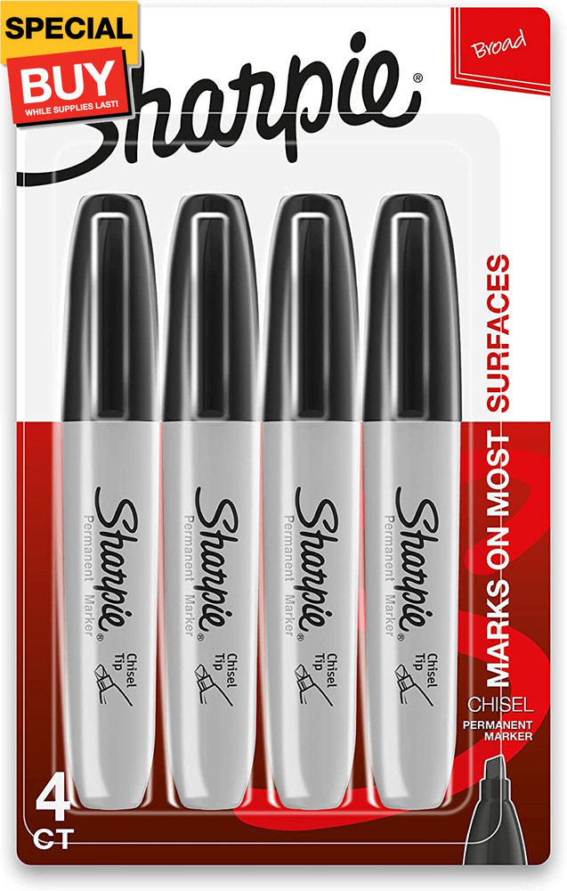 Permanent Markers, Chisel Tip, Black, 4 Count