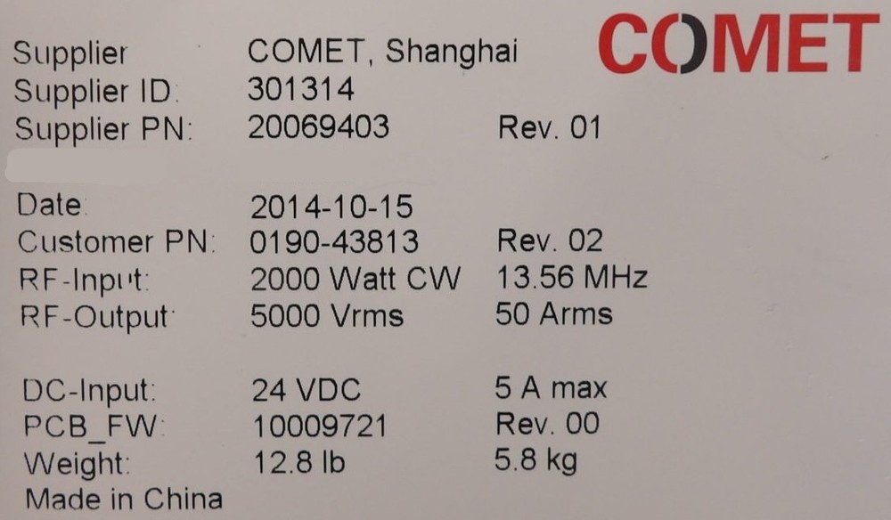 Comet Technologies 20069403 RF Match 2000W @ 13.56MHz Working Surplus