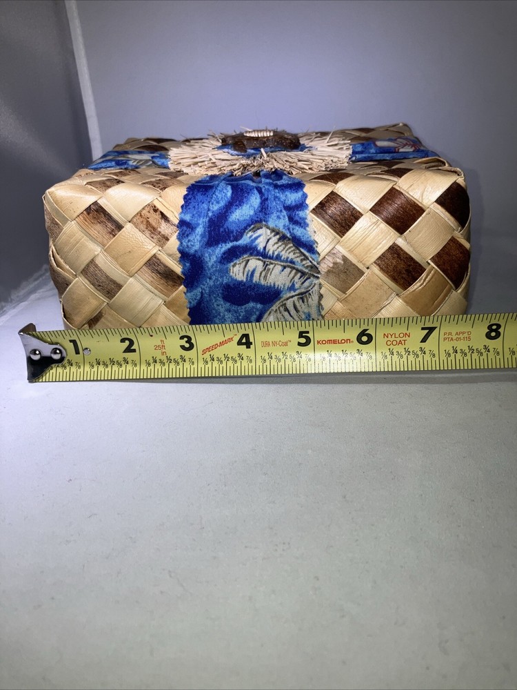 Decorative Basket Rectangular Lidded Rafia & Wood Hawaiian Floral/turtle