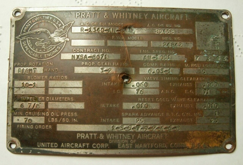WW2 Pratt Whitney R-1340 engine Plaque - 1943 LL