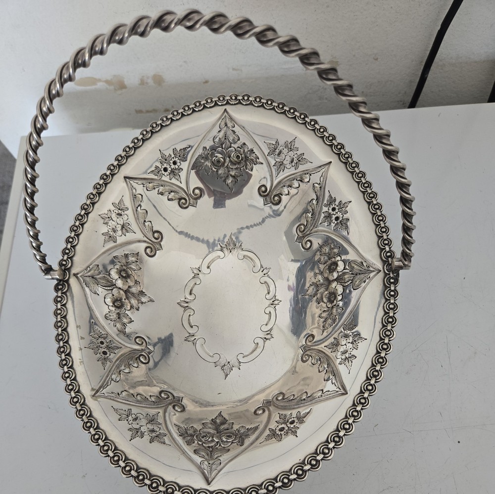 Vintage Silver platef Basket with handle with design flower