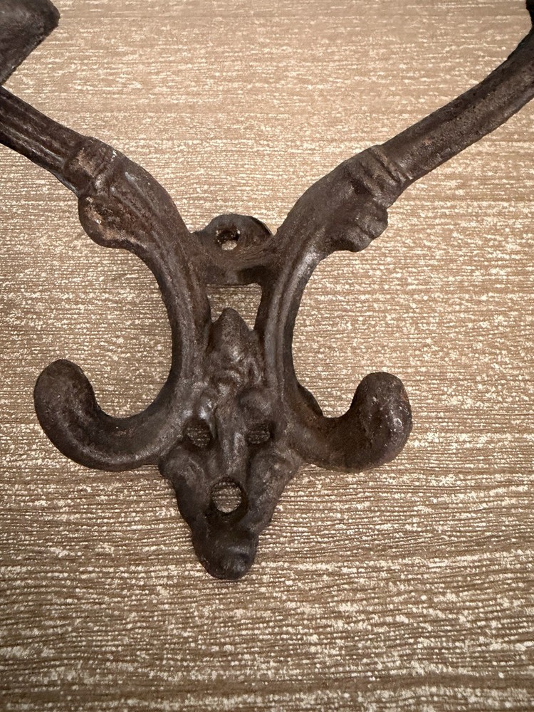 Pair Antique Victorian Cast Iron Double-Arm Wall Hooks Hall Tree Hardware Rusty
