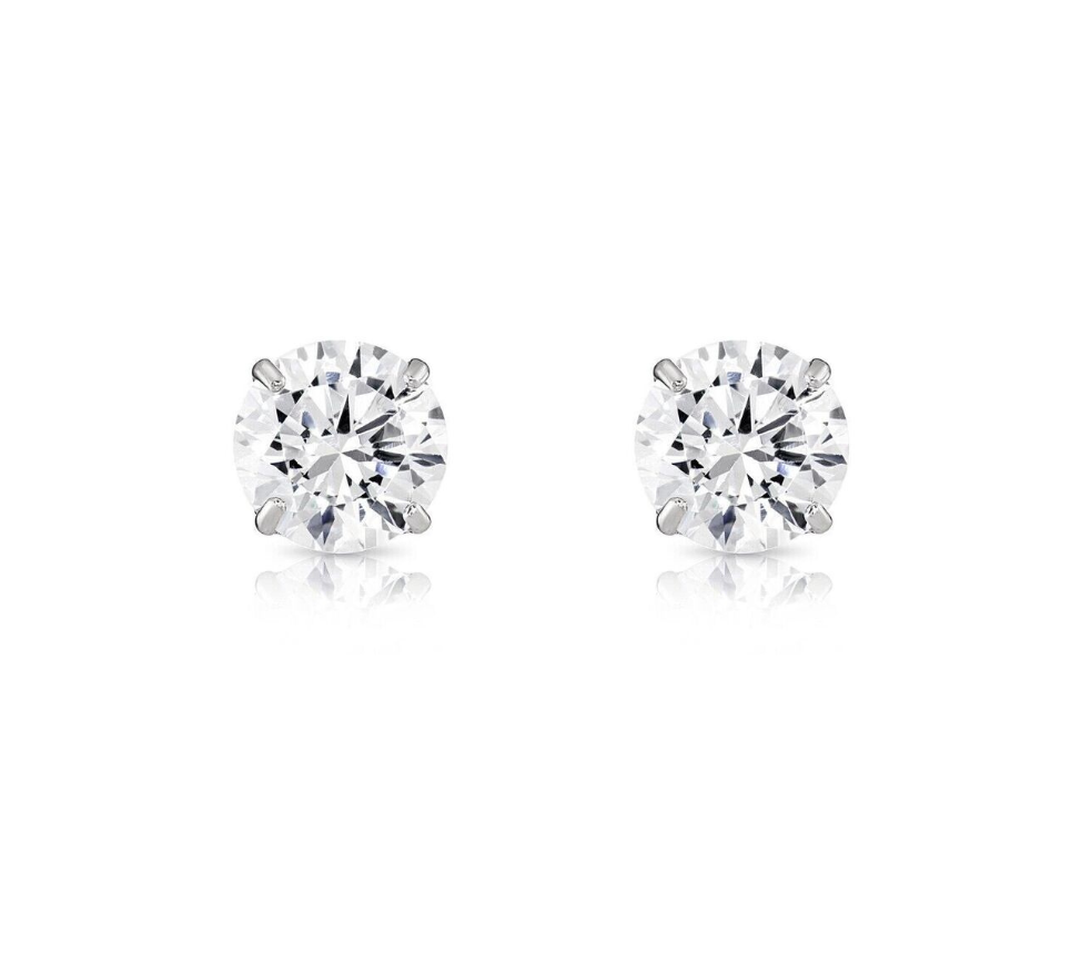 14K Solid Yellow/White Gold Round CZ Stud Earrings Basket Setting 2-10mm