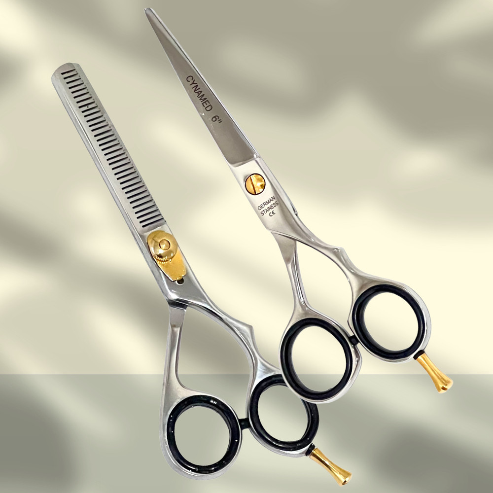 2PK - 6" Barber Scissors and Thinning Shears W/ Detachable Finger Rest - German