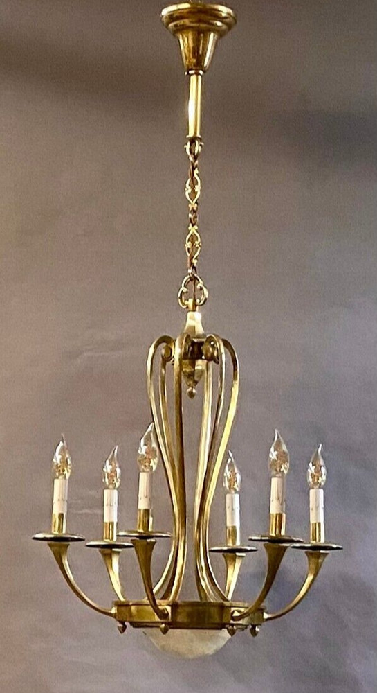 Rare Antique Neoclassical 6-Arms 7-Lights Solid Brass Chandelier