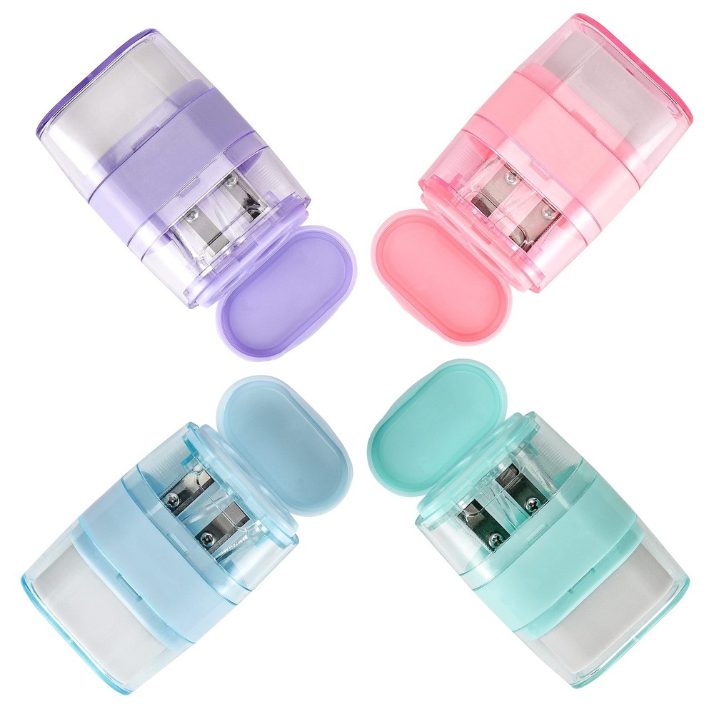 4 PCS Manual Pencil Sharpener with Eraser, Double Hole Multicolored Sharpener...