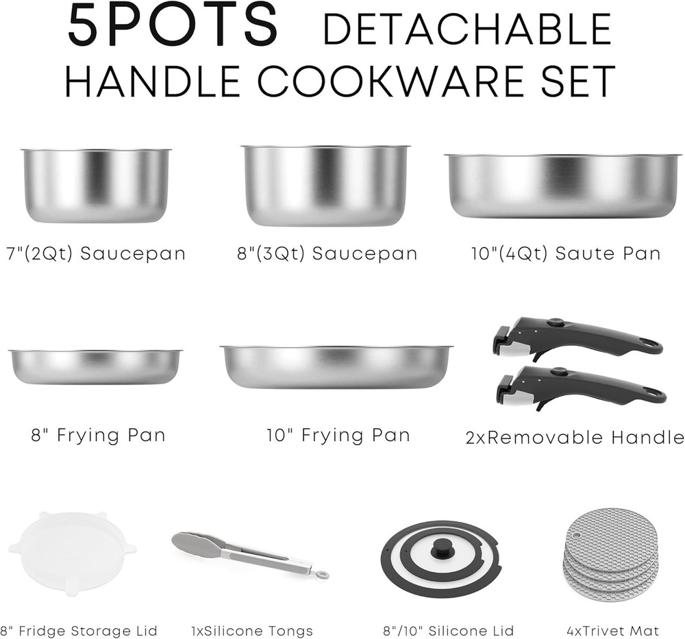 Detachable Nonstick Cookware Set Stackable Induction Pots & Pans W/ Removable