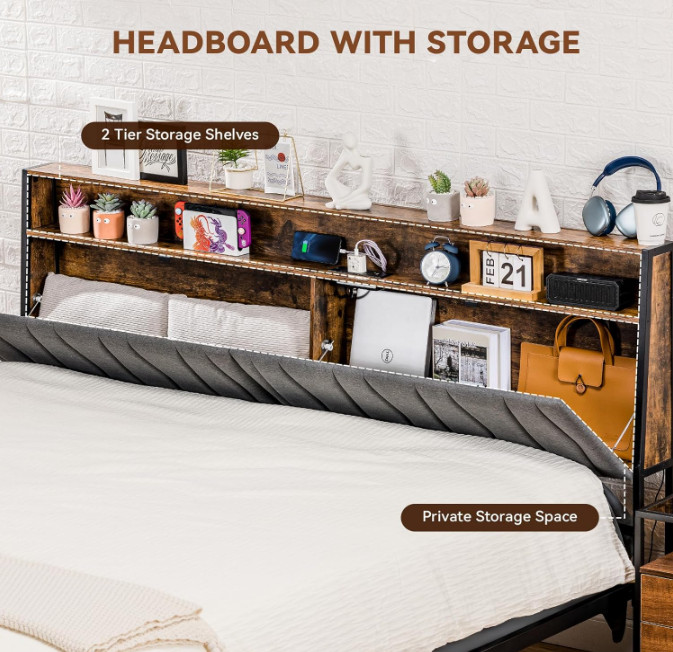 COMHOMA King Bed w/ LED Lights, USB Ports & Storage, No Box Spring Needed
