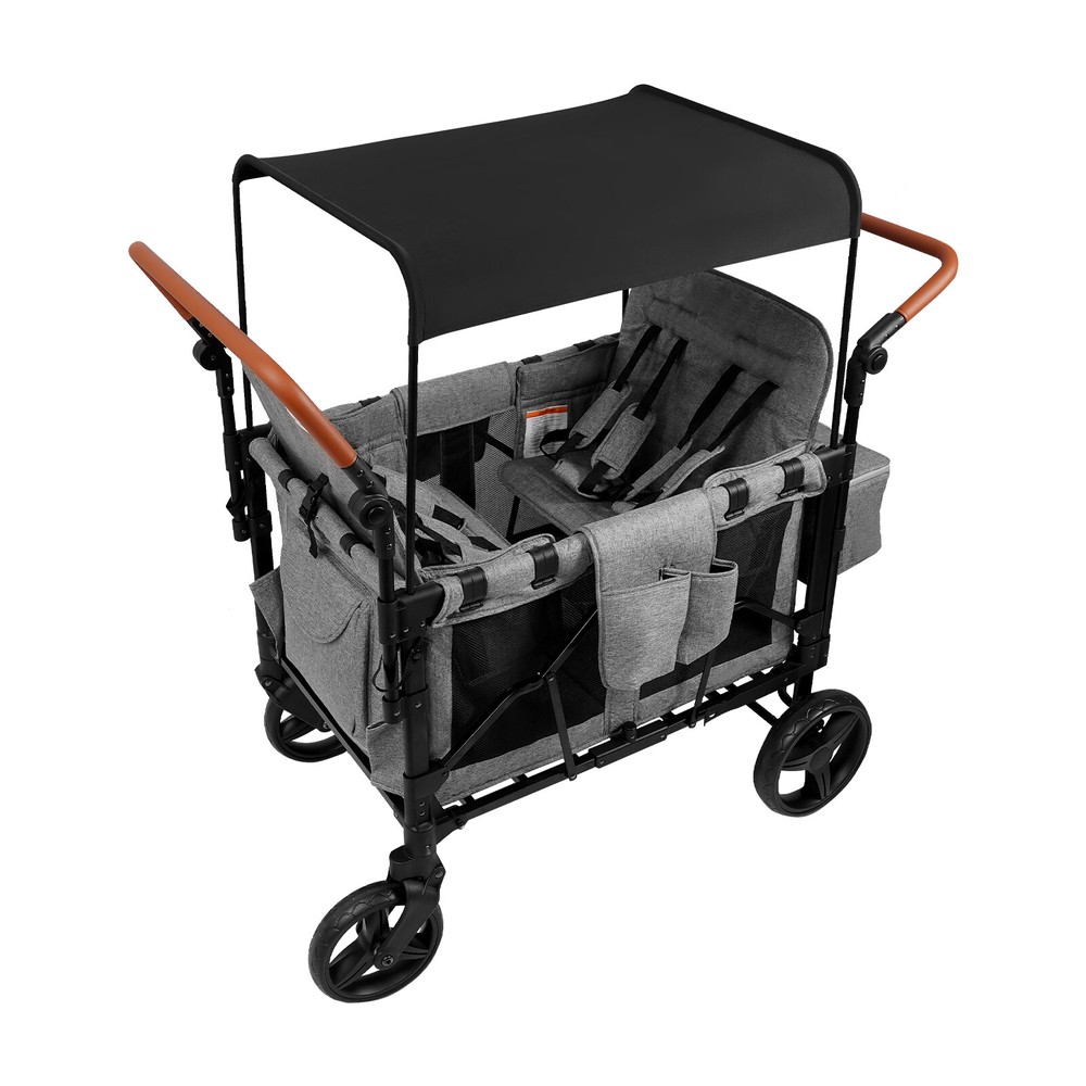 Wagon Stroller Push Pull Collapsible with Canopy for 4 Kids 0-6 Years Grey Black