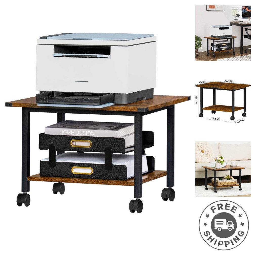 Compact Rolling Printer Stand with Rustic Finish - Easy Assemble & Versatile