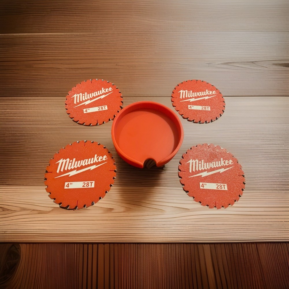 4-pack of Milwaukee-inspired saw blade drink coasters.