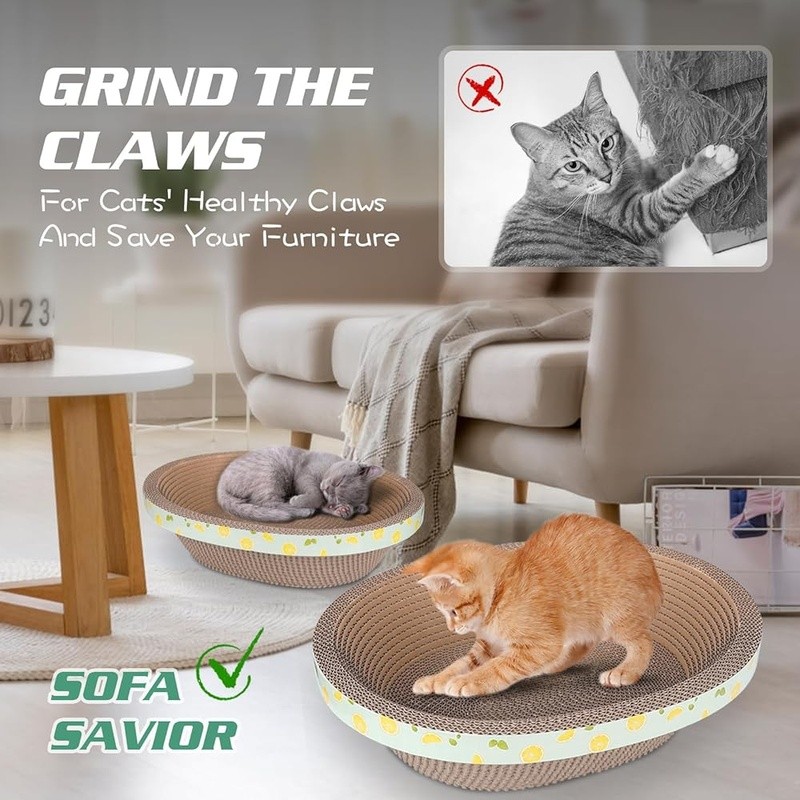 Cozy Oval Cat Bed W/ Slanted Support & Durable Scratching Pad Indoor Use