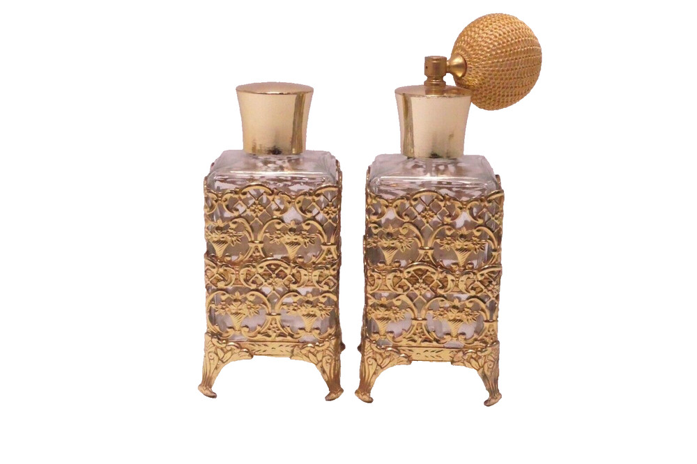 Perfume Bottle Set with Atomizer Cap and Gold Filigree Covers