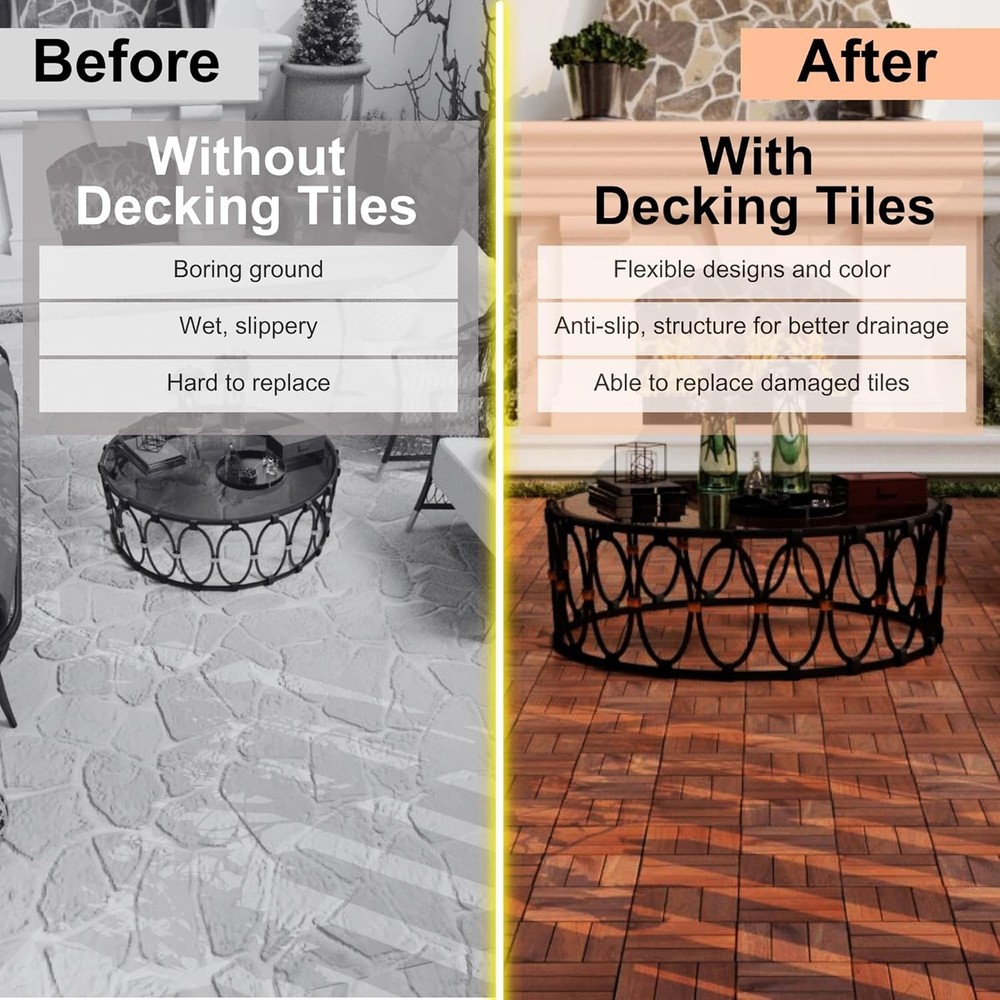 10 PCS Interlocking Deck Tiles, Solid Wood Patio Flooring Outdoor Waterproof, 12
