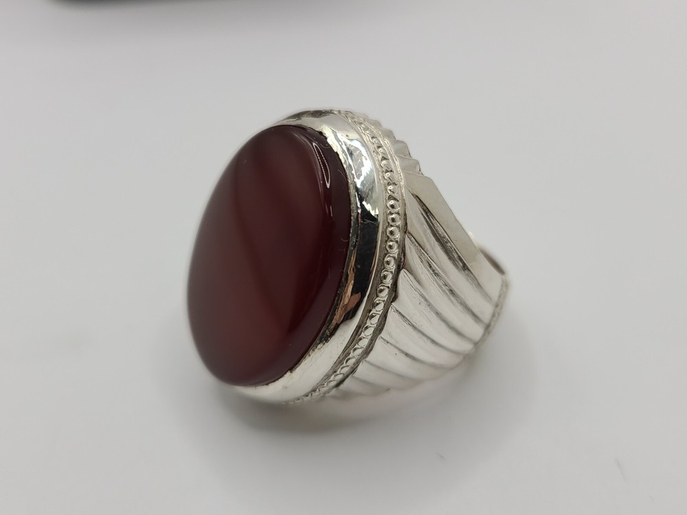 Deep Brown Oval Agate Silver Ring Old Tibetan sz 8