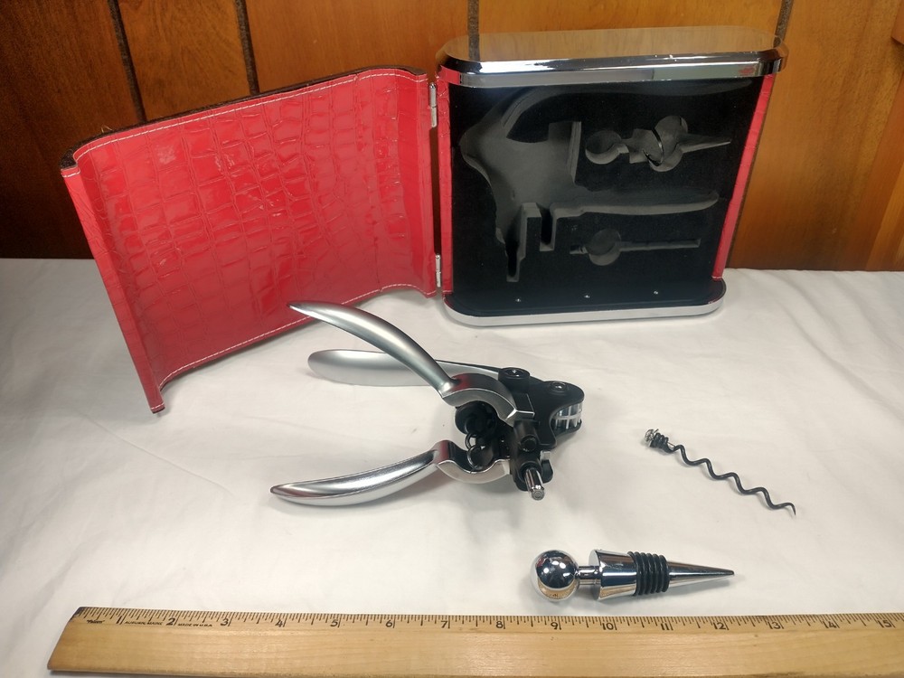 Deluxe Lever Action Corkscrew Wine Bottle Set Red Leatherette Case