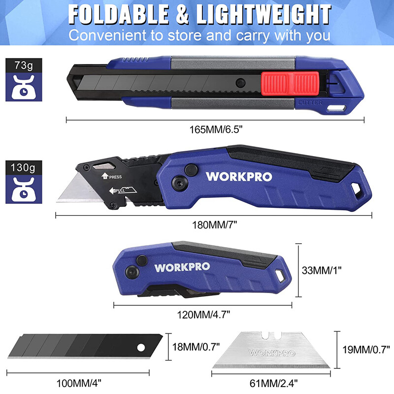 WORKPRO Folding Box Cutter Retractable Utility Knife Quick Razor Knife SK5 Blade