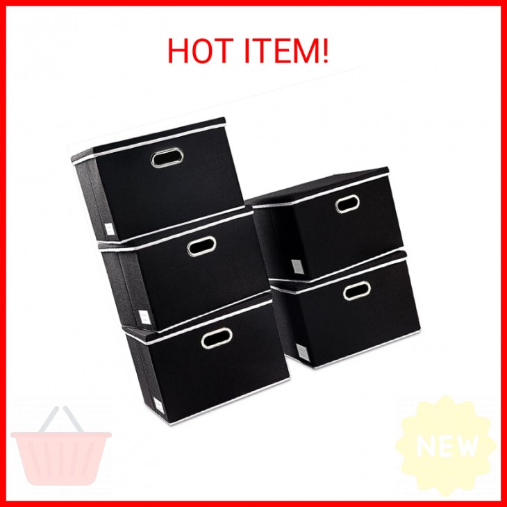 PRANDOM Foldable Storage Bin with Lid [5-Pack] Linen Fabric Decorative Storage B