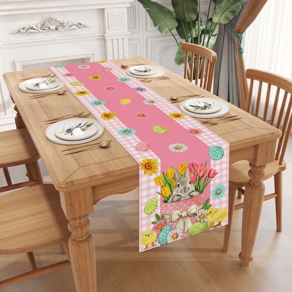 Pink and White Buffalo Check Plaid Easter Table Runner Easter Egg Bunny Chick ..