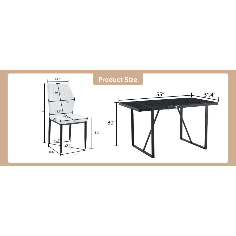 Black Wood Grain Rectangular Dining Table Set w/ 4 PU Chairs Modern