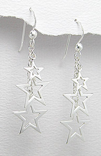 Solid Sterling Silver Star Dangle Earrings Fun Multi Stars 1.73" Long 2.24g