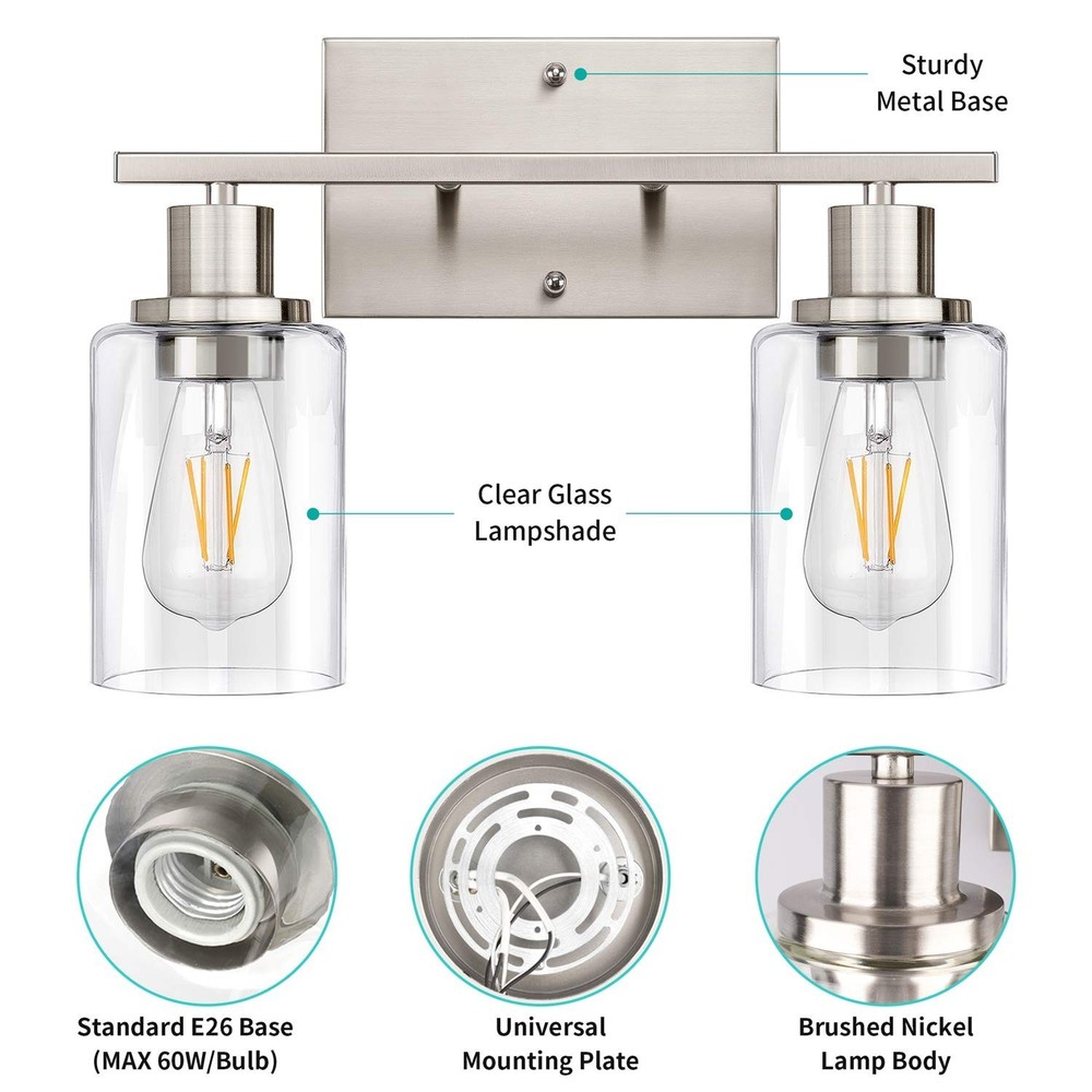 ShineTech 2-Light Bathroom Light Fixtures, Modern Vanity Lights with Clear Gl...