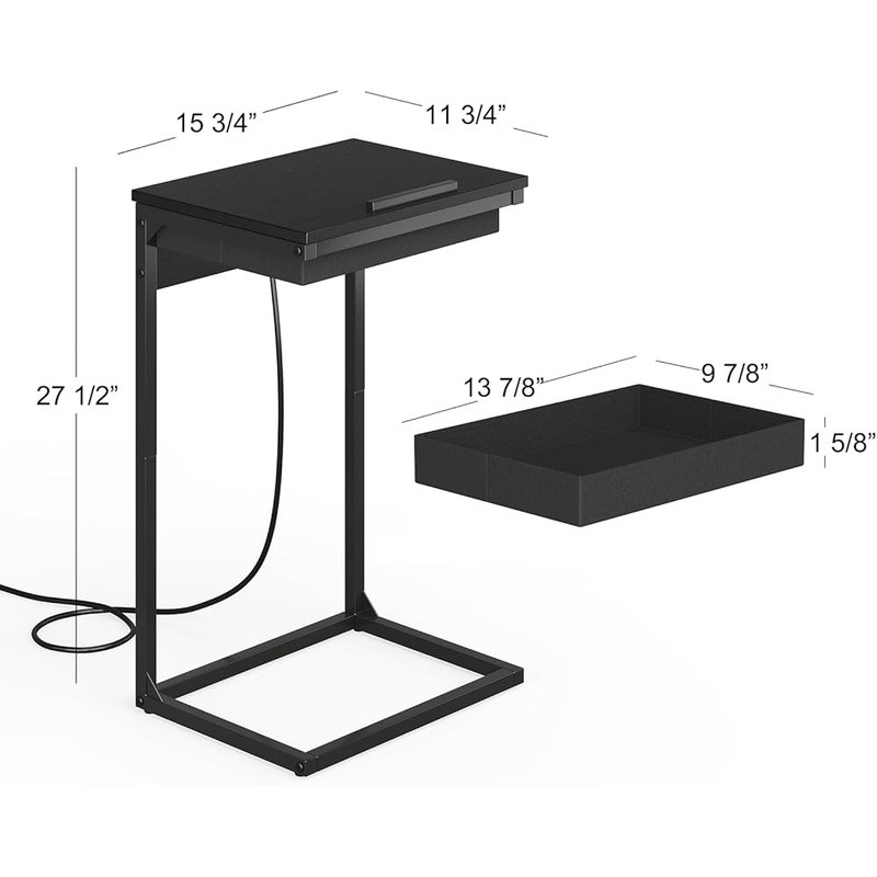 C Shaped Side Table Set W/ Charging Station Adjustable Flip Top Small Spaces New