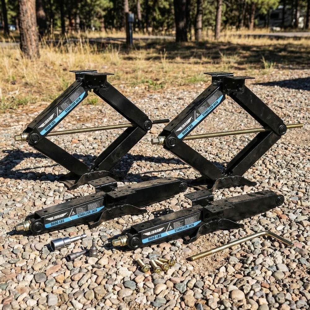 Set 4 HD 9000lb RV Stabilizer Leveling Scissor Jacks w/socket & install Kit 24"