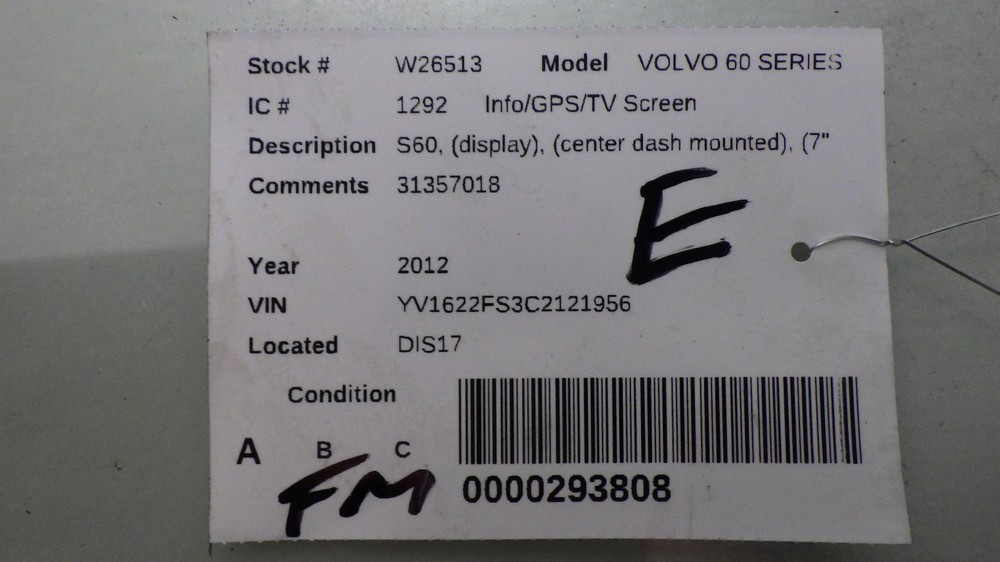 12 VOLVO 60 SERIES Info Screen 31357018
