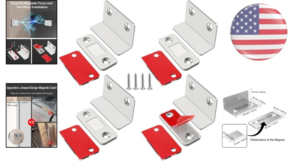 Ultra-Thin Magnetic Cabinet Catches - 4 Pack L-Shaped Adhesive Closing System