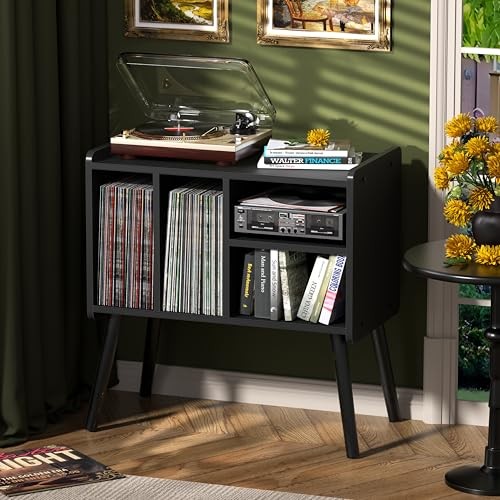 Record Player Table, Mid-Century Record Player Stand with Vinyl Storage Black
