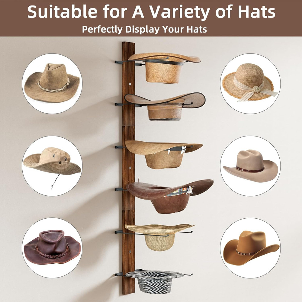 Cowboy Hat Rack for Wall 6-Tier Solid Wood-Texture Western Hat Holder Large Brim
