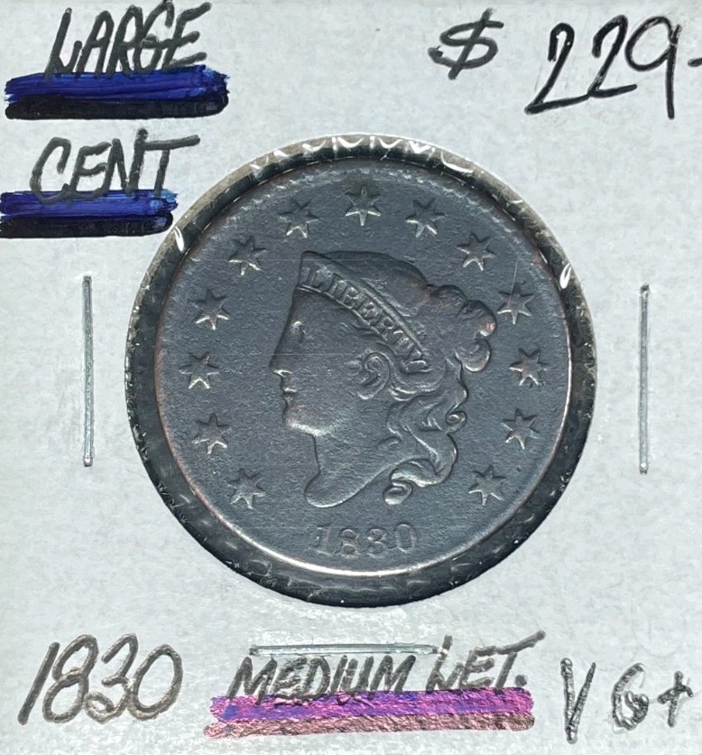 1830 CORONET HEAD LARGE CENT~VG+ MEDIUM LETTERS ~NICE COIN~