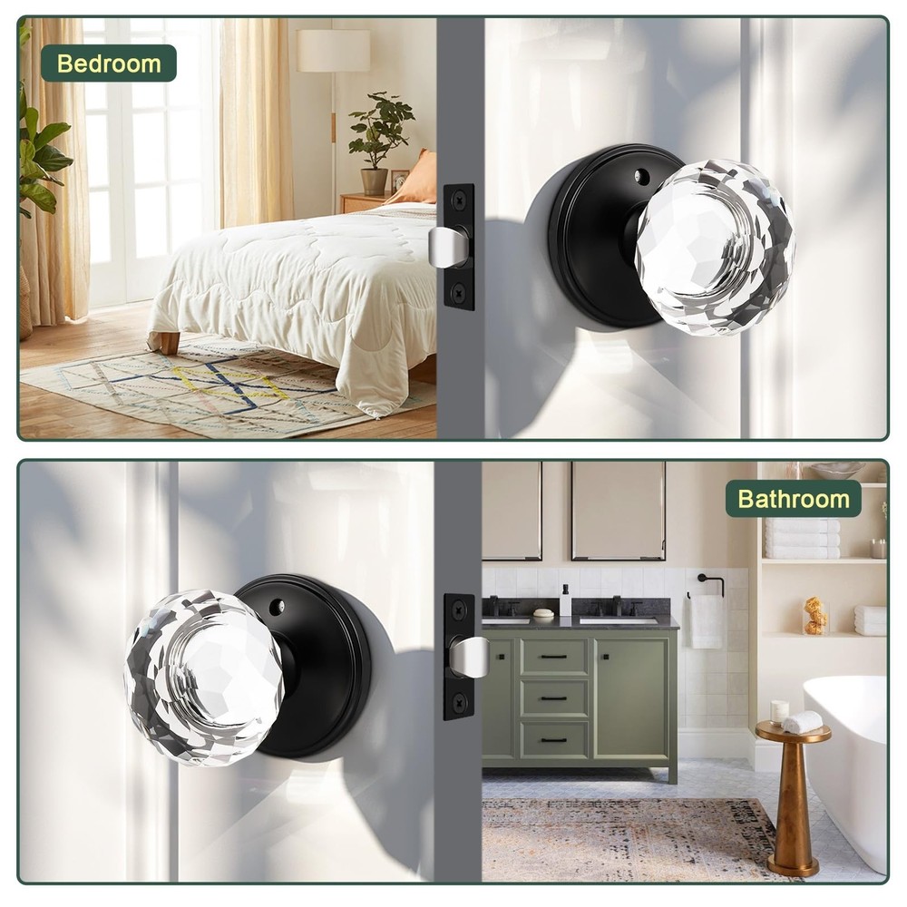 2 Pack Crystal Door Knobs Interior, Elegant Matte Black Glass Door Knobs, Key...