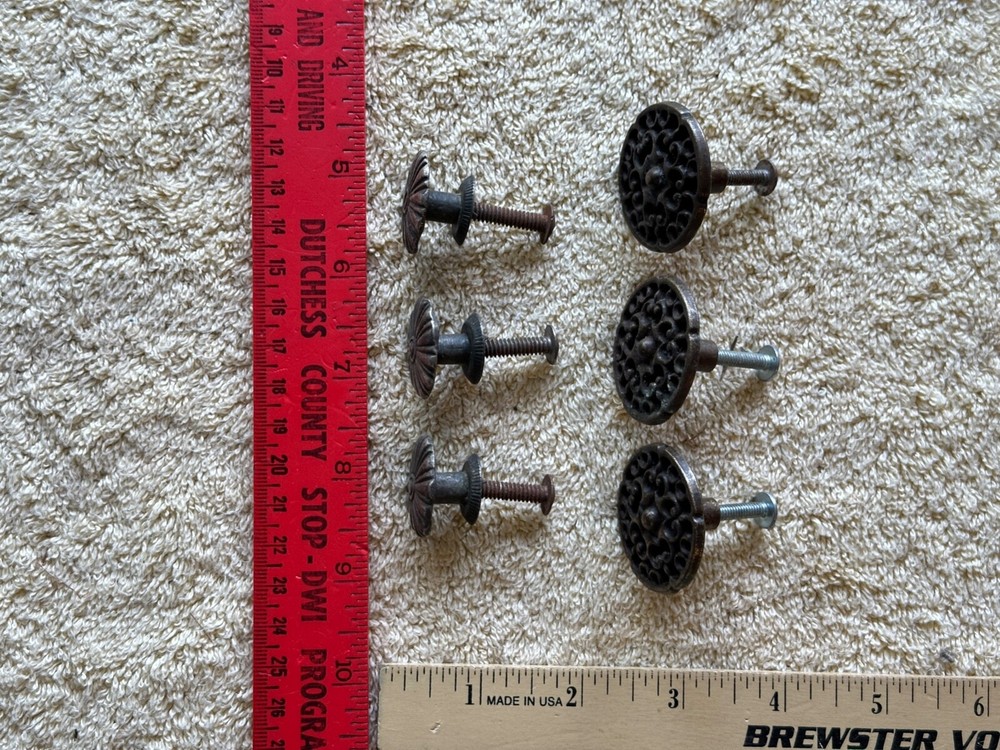 Lot of 6 Solid Brass Floral Pattern Drawer Pulls Knobs Handles Reclaimed VTG