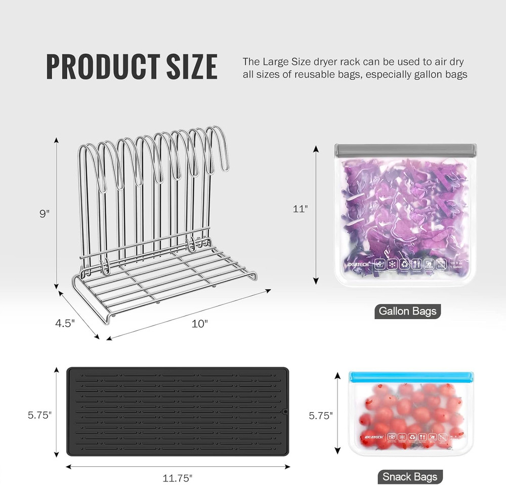 Reusable Bag Rack with Cup Drying Mat,Plastic Bag Dryer Rack Dish Drying,Coll...