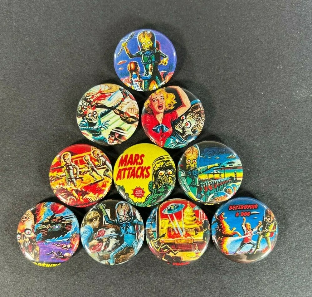 Mars Attacks 1" Button Pin Set Classic UFO comic trading cards (10 pins total)