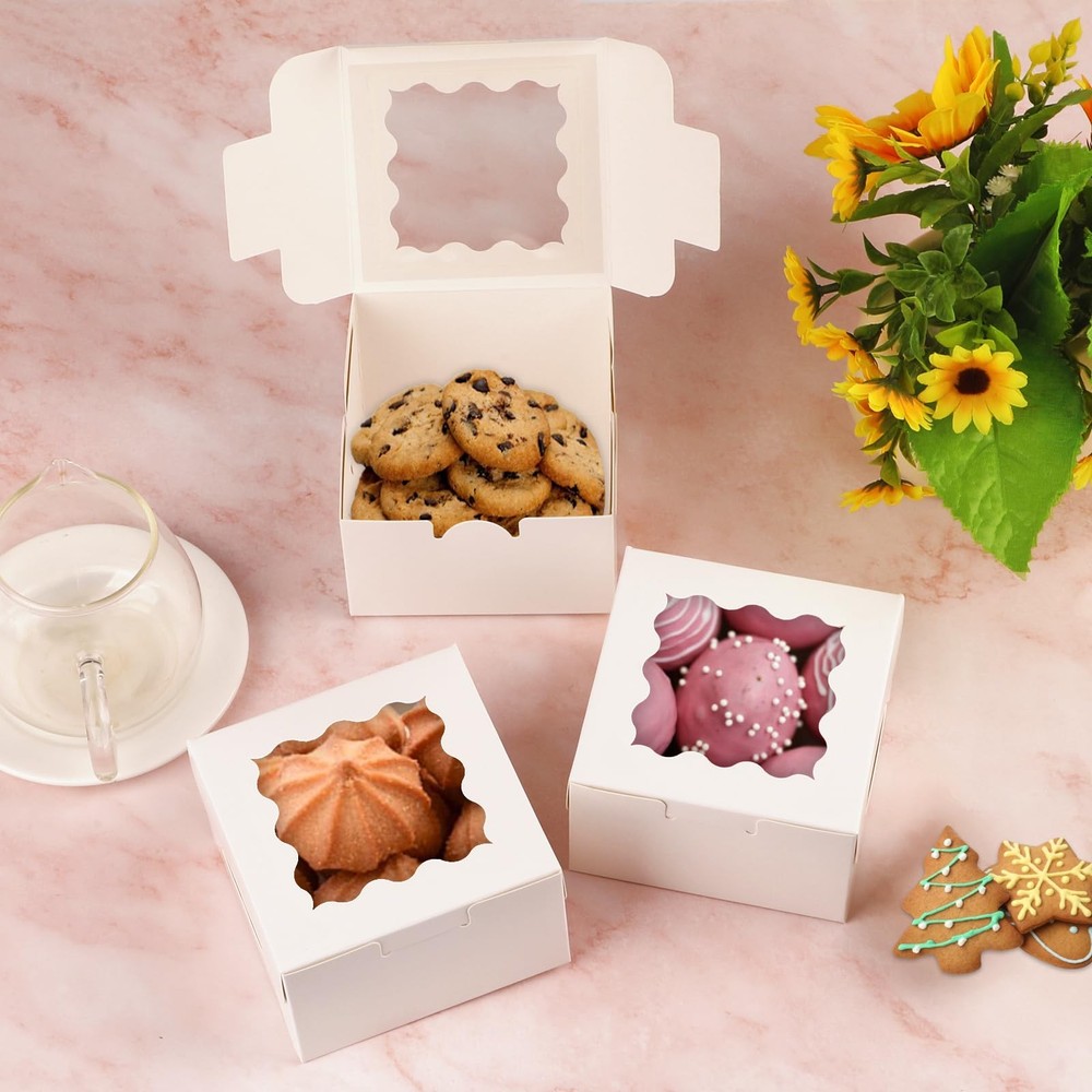 24pcs White Cookie Boxes, 4x4x2.5 Inches Bakery Boxes with Window, for Mini C...