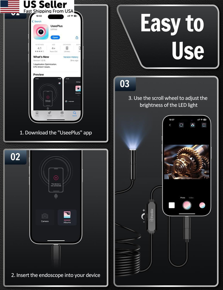 Endoscope Camera with Light, 1920P HD Borescope 8 Adjustable LED black