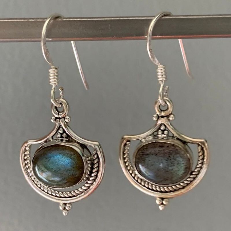 Genuine Solid Labradorite Ovel Shaped 925 Sterling Silver Dangle Earrings