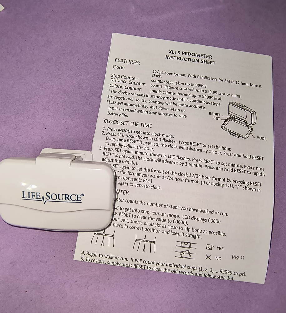 Life Source Pedometer Step Distance & Calorie Counter + Instructions