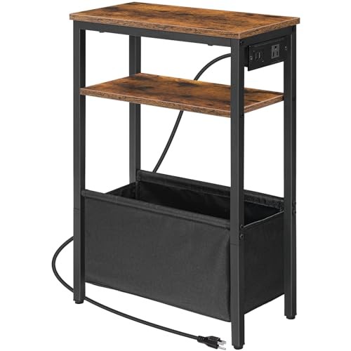 Small Narrow Side Table, Skinny End Table with Charging Station, Extra Slim