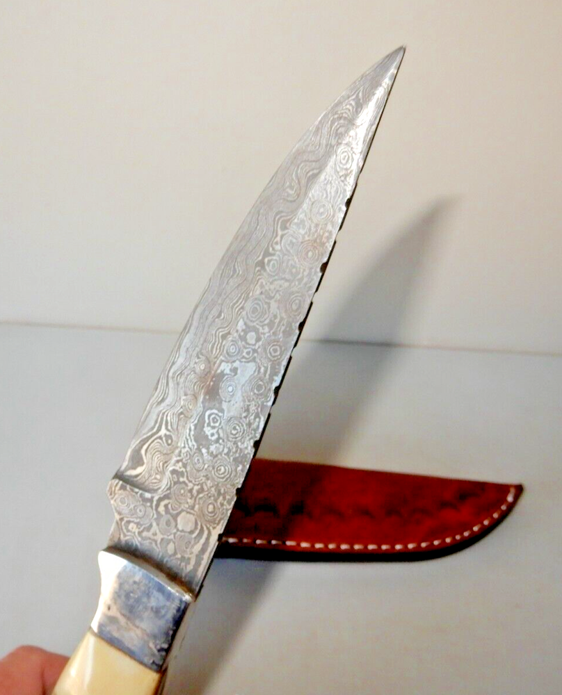 Custom Made 10.75" Knife, 5.5" Damascus blade, Bone handle, Custom Sheath UNUSED