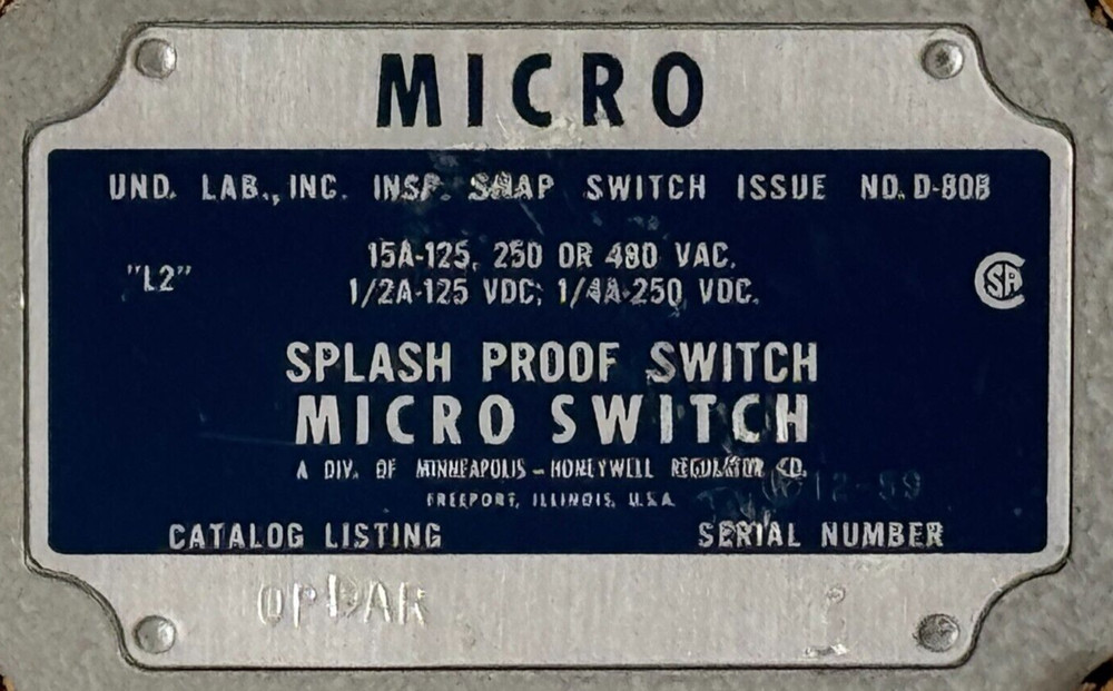 USED Honeywell 0PDAR Splash Proof Switch