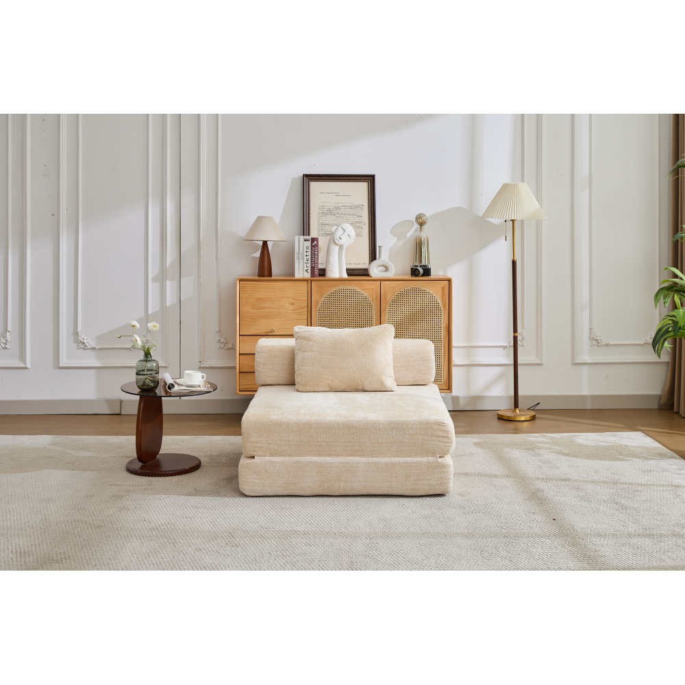 Convertible Folding Sofa Bed, Chenille Fabric Single Seat Sleeper, Beige