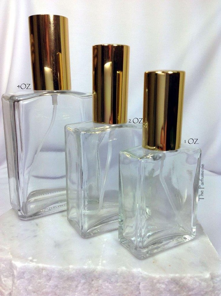 Luxury Perfume Bottles, Refillable Spray Atomizers 1, 2 and 4 oz. - Flat Shape