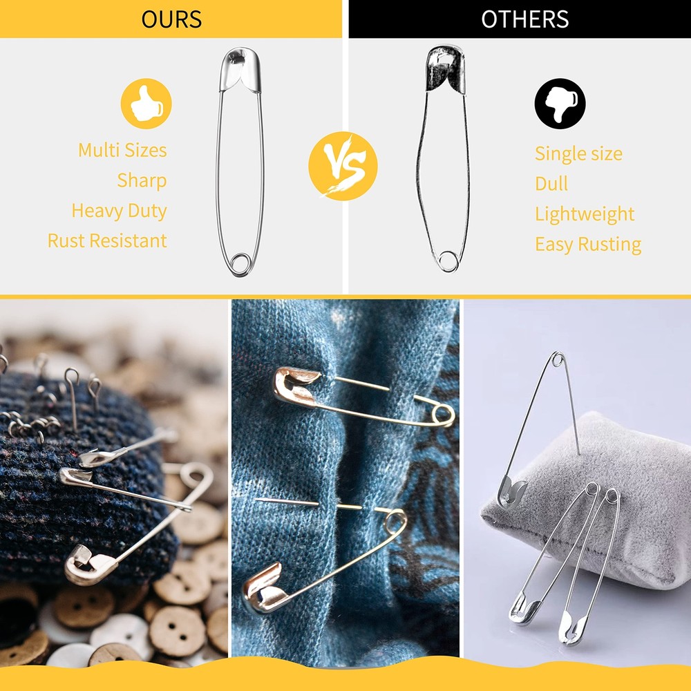 XKDOUS Safety Pins 150 Pcs Assorted Sizes Silver Pins Bulk Small & Large Clothes