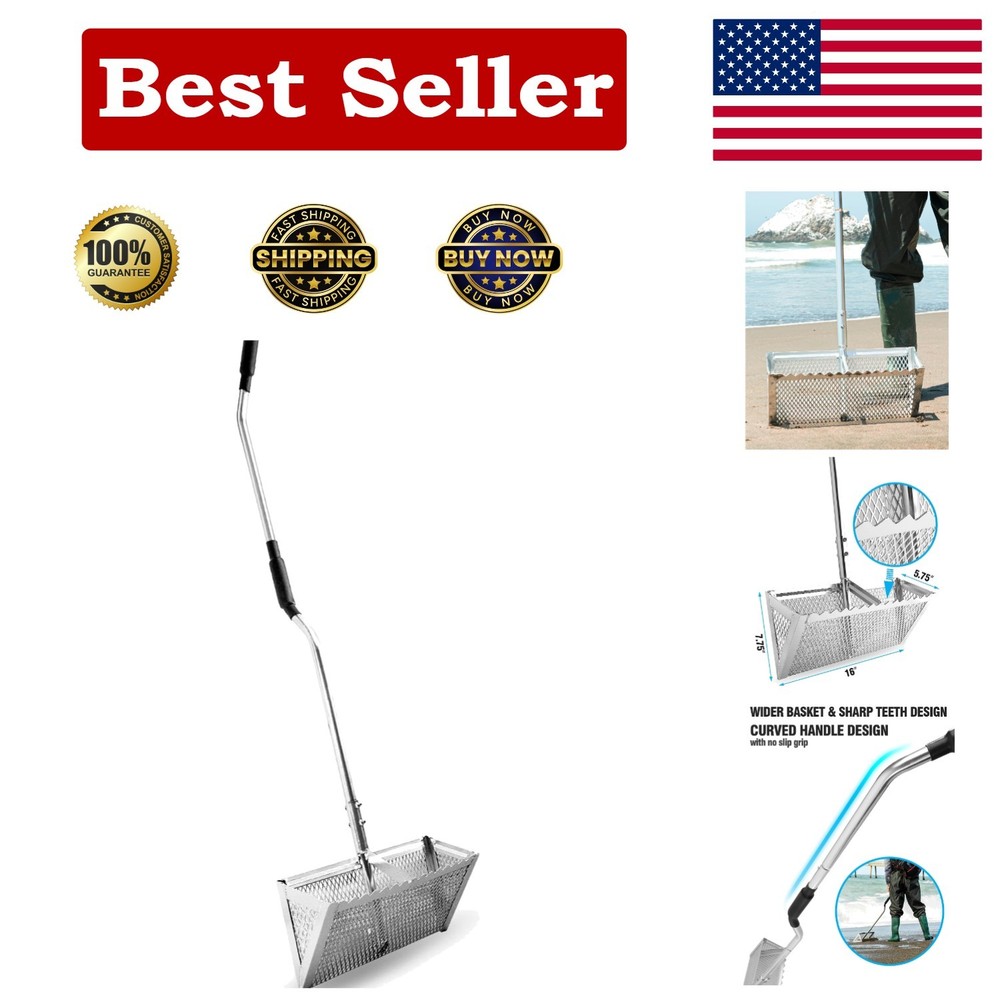 Sharp-Tipped 52” Sand Flea Rake: 16” Basket, Ergonomic Design & Non-Slip Grip