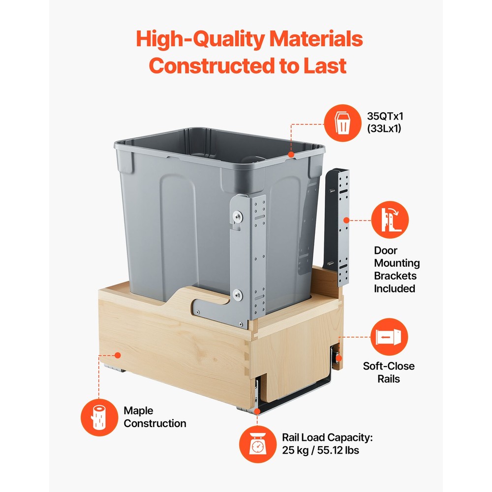35QT Pullout Waste Container Under Cabinet Kitchen Bin Trash Can Soft