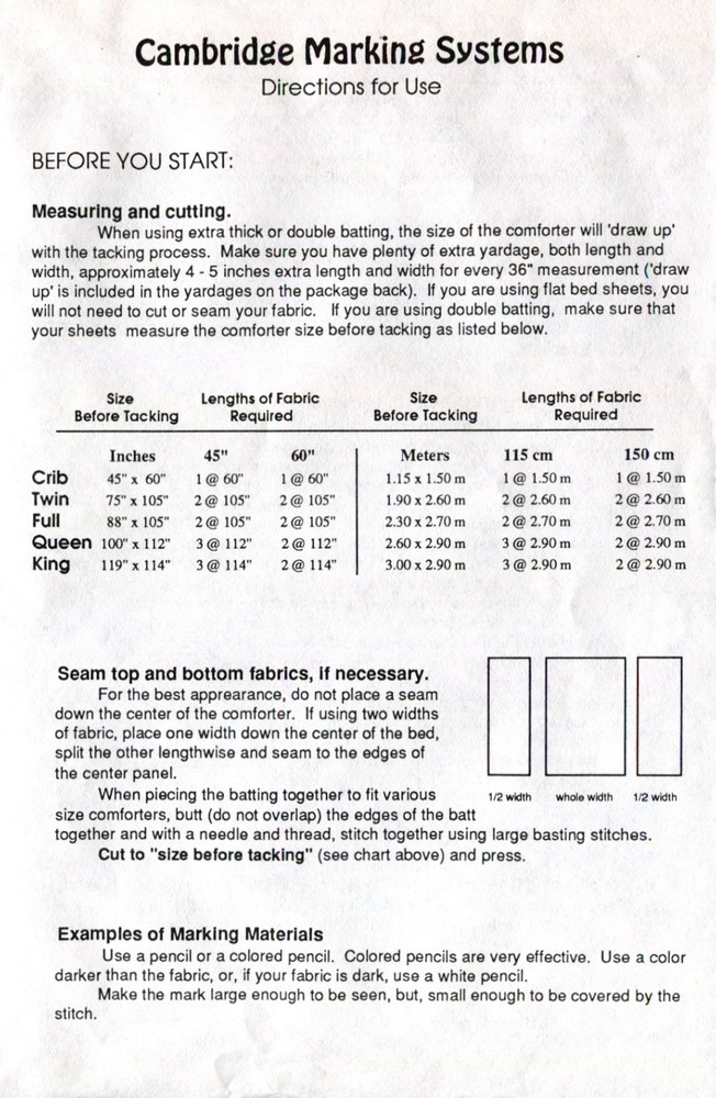 Cambridge Marking System HEARTS Fabric Template Machine Tack Comforter Bedspread